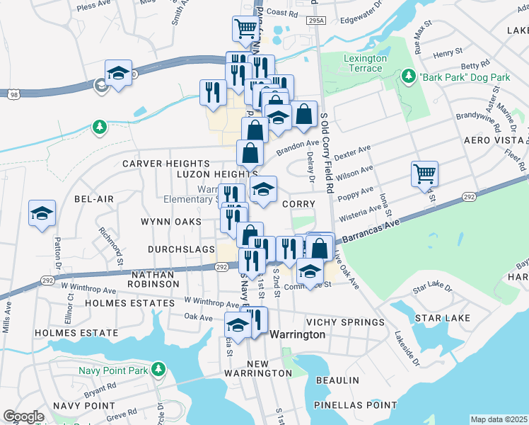 map of restaurants, bars, coffee shops, grocery stores, and more near 220 North Navy Boulevard in Pensacola