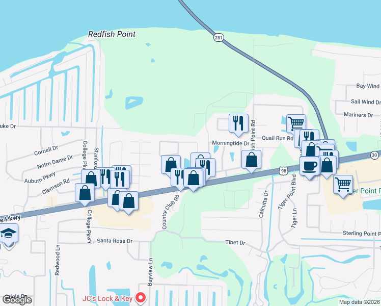 map of restaurants, bars, coffee shops, grocery stores, and more near 3399 La Leyenda Court in Gulf Breeze