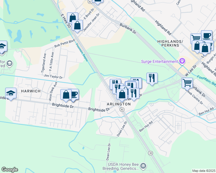 map of restaurants, bars, coffee shops, grocery stores, and more near Nicholson Drive in Baton Rouge