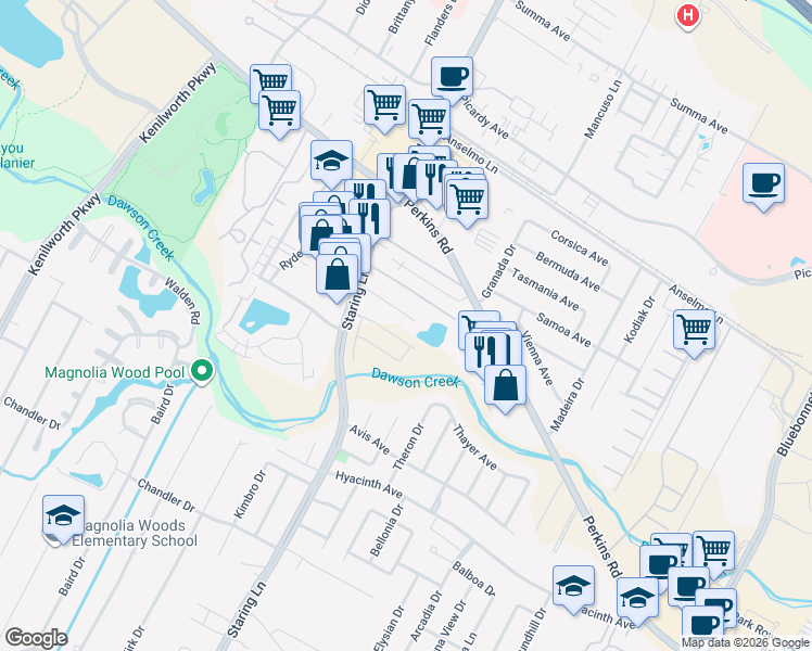 map of restaurants, bars, coffee shops, grocery stores, and more near 7720 Kings Hill Avenue in Baton Rouge