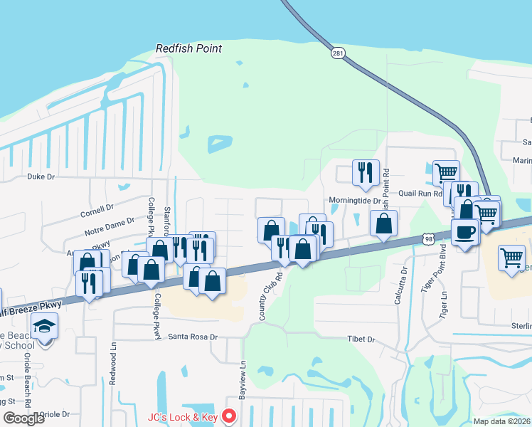 map of restaurants, bars, coffee shops, grocery stores, and more near 3405 Green Briar Circle in Gulf Breeze