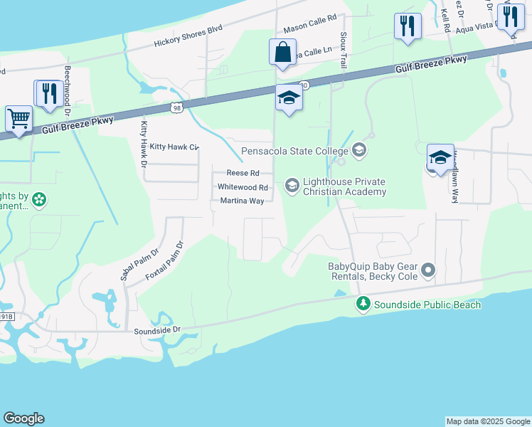 map of restaurants, bars, coffee shops, grocery stores, and more near 4888 Beckett Court in Gulf Breeze