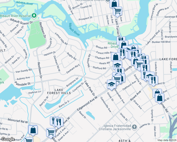 map of restaurants, bars, coffee shops, grocery stores, and more near 1796 Merivale Road South in Jacksonville