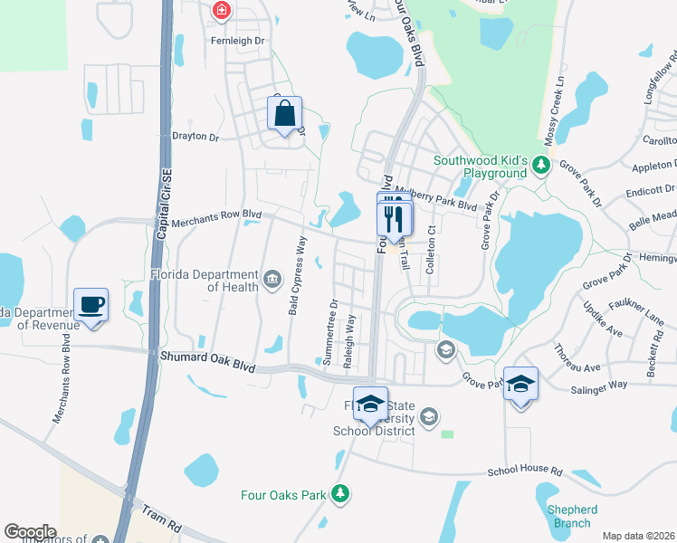 map of restaurants, bars, coffee shops, grocery stores, and more near 4116 Raleigh Way in Tallahassee