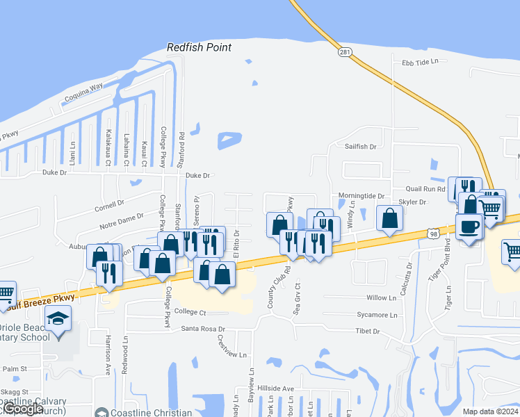 map of restaurants, bars, coffee shops, grocery stores, and more near 3405 Green Briar Circle in Gulf Breeze