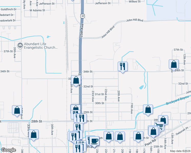 map of restaurants, bars, coffee shops, grocery stores, and more near 2247 33rd Street in Gulfport