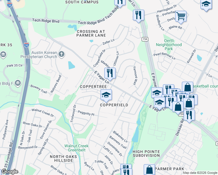 map of restaurants, bars, coffee shops, grocery stores, and more near 1101 East Yager Lane in Austin