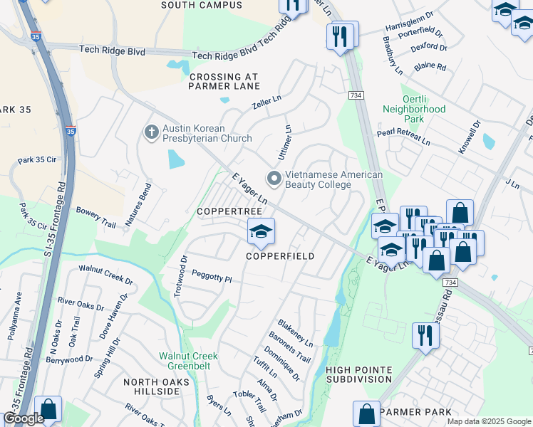 map of restaurants, bars, coffee shops, grocery stores, and more near 1101 East Yager Lane in Austin