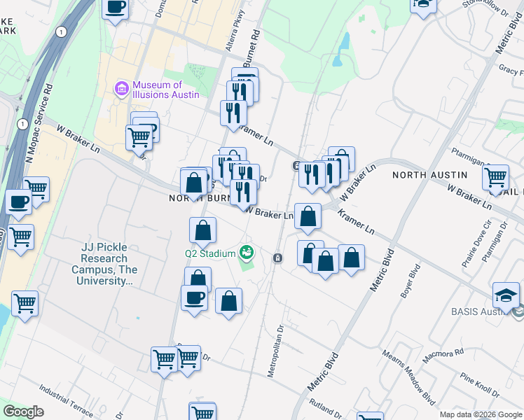 map of restaurants, bars, coffee shops, grocery stores, and more near 2511 West Braker Lane in Austin