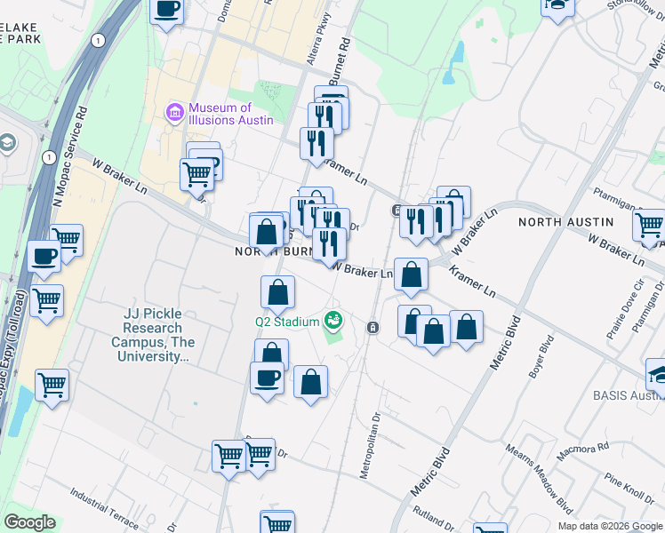 map of restaurants, bars, coffee shops, grocery stores, and more near 2511 West Braker Lane in Austin