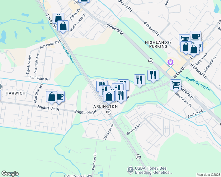 map of restaurants, bars, coffee shops, grocery stores, and more near 1132 West Lee Drive in Baton Rouge