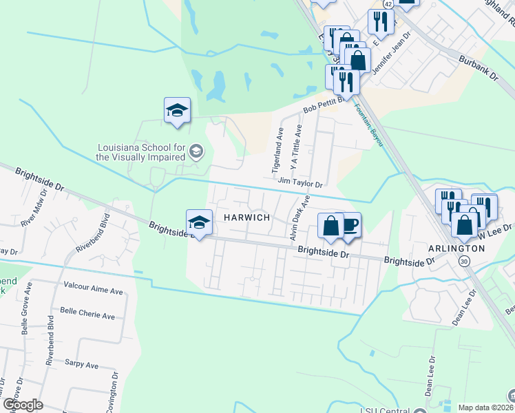 map of restaurants, bars, coffee shops, grocery stores, and more near 1521 Sharlo Avenue in Baton Rouge