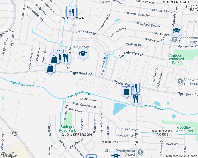map of restaurants, bars, coffee shops, grocery stores, and more near 15265 Beautyberry Avenue in Baton Rouge