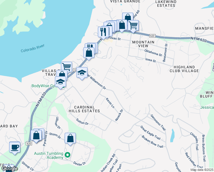 map of restaurants, bars, coffee shops, grocery stores, and more near 15212 General Williamson Drive in Austin
