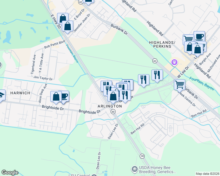 map of restaurants, bars, coffee shops, grocery stores, and more near 1132 West Lee Drive in Baton Rouge