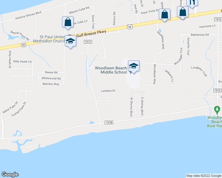 map of restaurants, bars, coffee shops, grocery stores, and more near 5044 Lantana Drive in Gulf Breeze