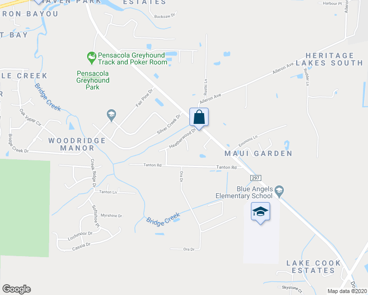 map of restaurants, bars, coffee shops, grocery stores, and more near 1321 Heatherwood Circle in Pensacola