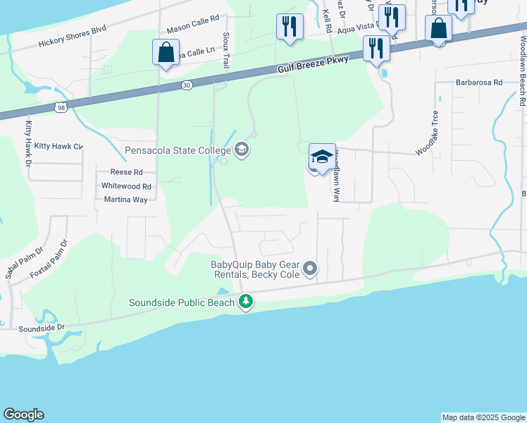 map of restaurants, bars, coffee shops, grocery stores, and more near 5040 Lantana Drive in Gulf Breeze