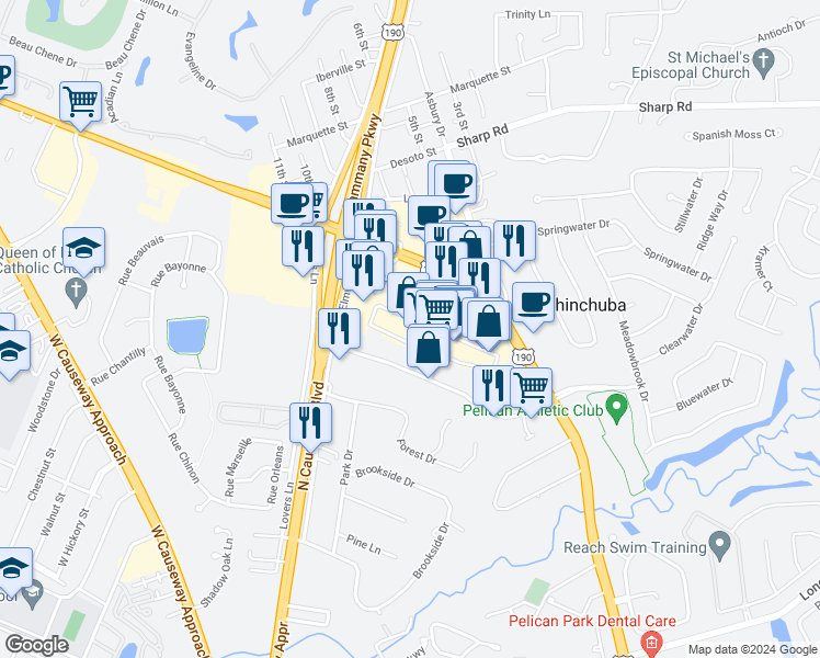 map of restaurants, bars, coffee shops, grocery stores, and more near 3450 Highway 190 in Mandeville