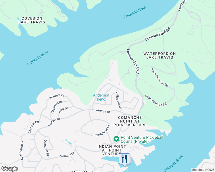 map of restaurants, bars, coffee shops, grocery stores, and more near 305 Summit Ridge Drive South in Lago Vista