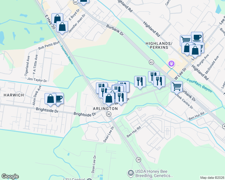 map of restaurants, bars, coffee shops, grocery stores, and more near 55 Etta Street in Baton Rouge