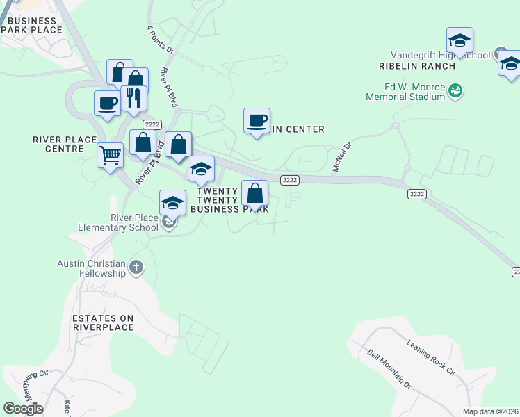 map of restaurants, bars, coffee shops, grocery stores, and more near 10301 Ranch to Market Road 2222 in Austin