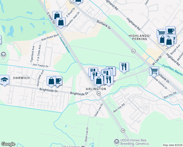 map of restaurants, bars, coffee shops, grocery stores, and more near 5131 Nicholson Drive in Baton Rouge