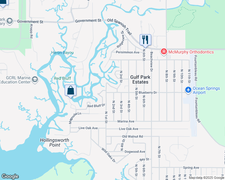map of restaurants, bars, coffee shops, grocery stores, and more near 9309-9399 Blueberry Drive in Ocean Springs