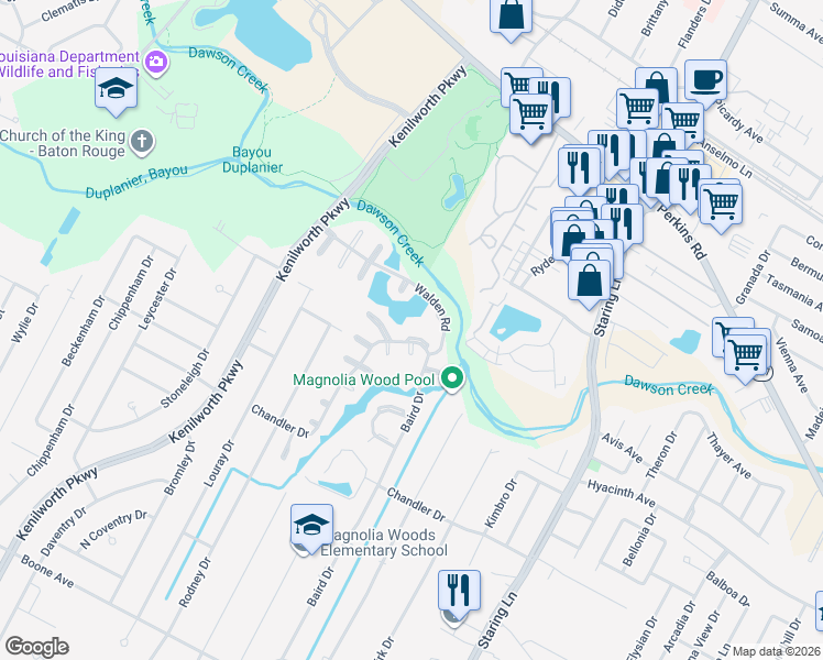 map of restaurants, bars, coffee shops, grocery stores, and more near 1341 Applewood Road in Baton Rouge
