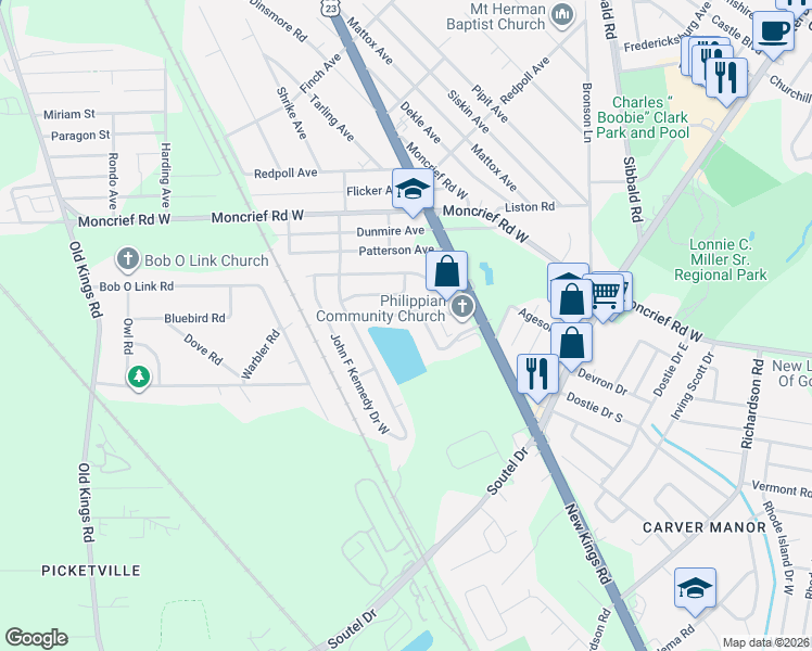 map of restaurants, bars, coffee shops, grocery stores, and more near 5818 Martin Luther King Drive in Jacksonville