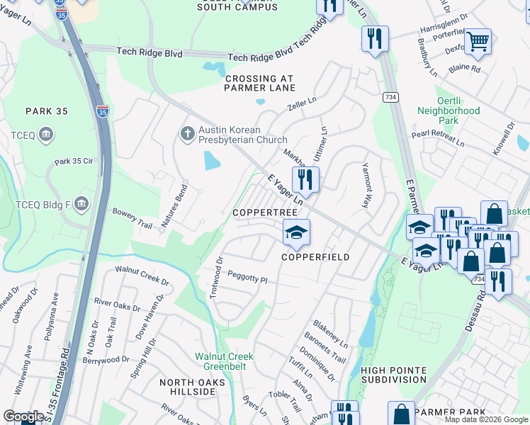 map of restaurants, bars, coffee shops, grocery stores, and more near 1015 East Yager Lane in Austin