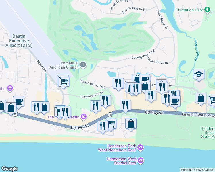map of restaurants, bars, coffee shops, grocery stores, and more near 4201 Indian Bayou Trail in Destin