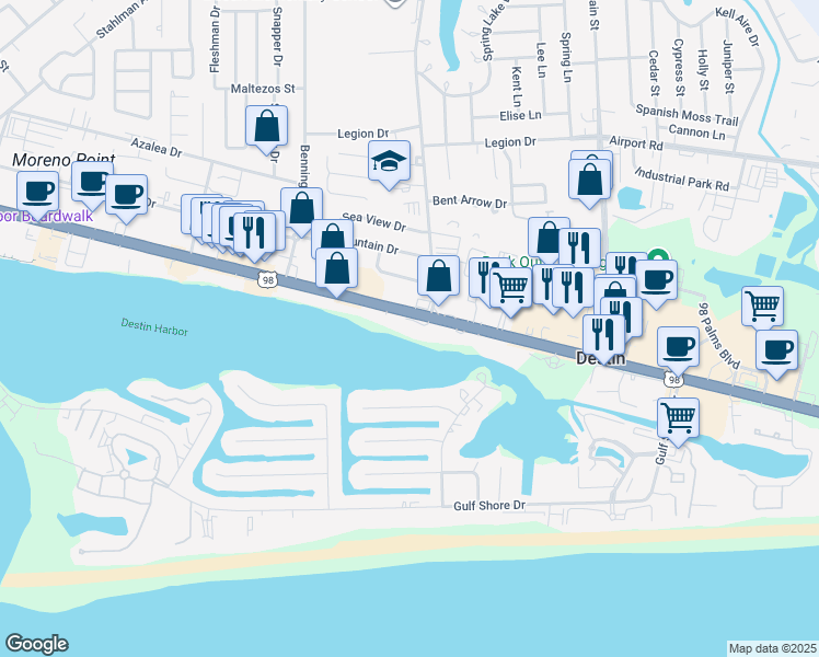 map of restaurants, bars, coffee shops, grocery stores, and more near 662 Harbor Boulevard in Destin