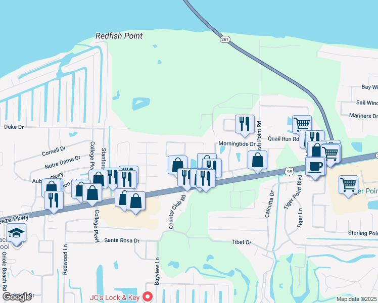 map of restaurants, bars, coffee shops, grocery stores, and more near 1606 Green Briar Parkway in Gulf Breeze