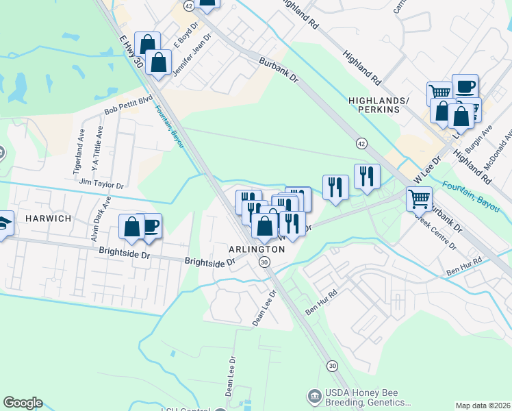 map of restaurants, bars, coffee shops, grocery stores, and more near 1132 West Lee Drive in Baton Rouge