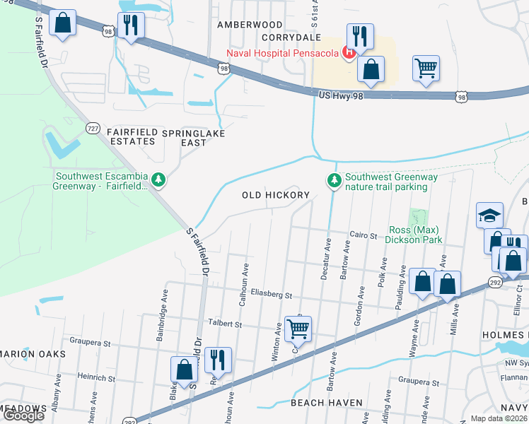 map of restaurants, bars, coffee shops, grocery stores, and more near 7661 Old Hickory Drive in Pensacola