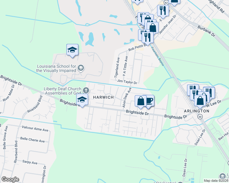 map of restaurants, bars, coffee shops, grocery stores, and more near 1521 Sharlo Avenue in Baton Rouge
