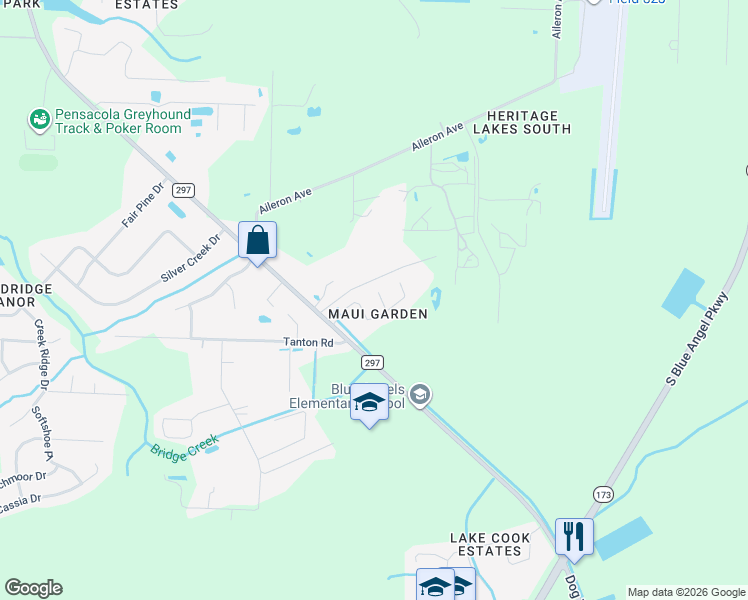 map of restaurants, bars, coffee shops, grocery stores, and more near 1213 Lahaina Court in Pensacola
