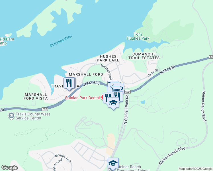 map of restaurants, bars, coffee shops, grocery stores, and more near 5009 Ranch Road 620 in Austin