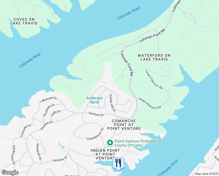 map of restaurants, bars, coffee shops, grocery stores, and more near 18502 Staghorn Drive in Lago Vista