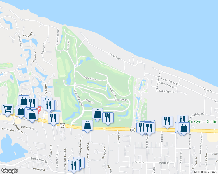map of restaurants, bars, coffee shops, grocery stores, and more near 131 Cobalt Lane in Miramar Beach