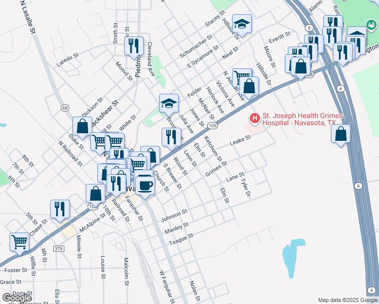 map of restaurants, bars, coffee shops, grocery stores, and more near 803 Holland Street in Navasota