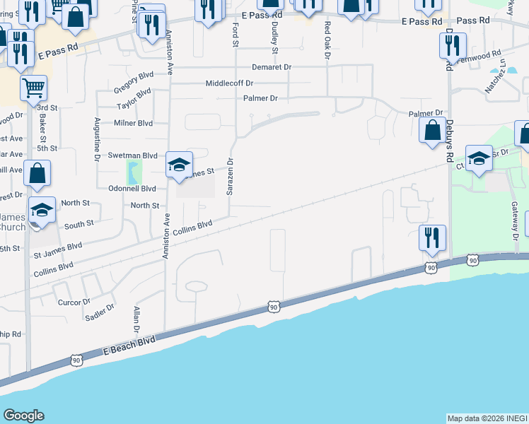 map of restaurants, bars, coffee shops, grocery stores, and more near 291 Southern Circle in Gulfport