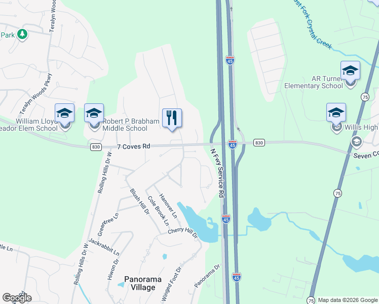 map of restaurants, bars, coffee shops, grocery stores, and more near 92 Stone Court in Conroe
