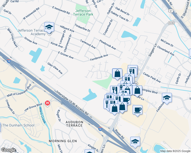 map of restaurants, bars, coffee shops, grocery stores, and more near 10707 Industriplex Boulevard in Baton Rouge