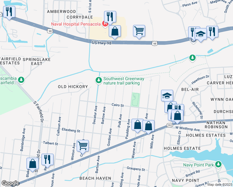 map of restaurants, bars, coffee shops, grocery stores, and more near 1130 Gordon Avenue in Pensacola