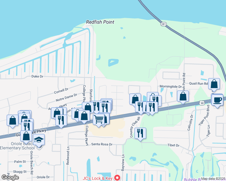 map of restaurants, bars, coffee shops, grocery stores, and more near 3344 El Prado Street in Gulf Breeze