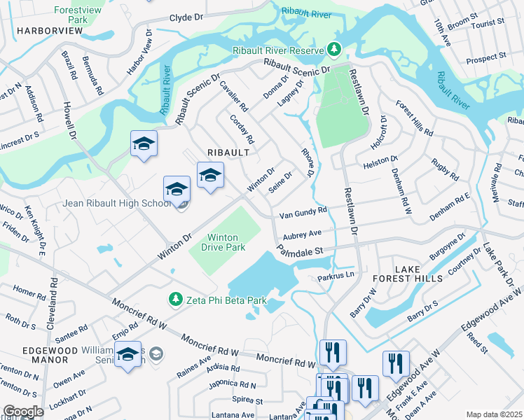 map of restaurants, bars, coffee shops, grocery stores, and more near 6610 Van Gundy Road in Jacksonville