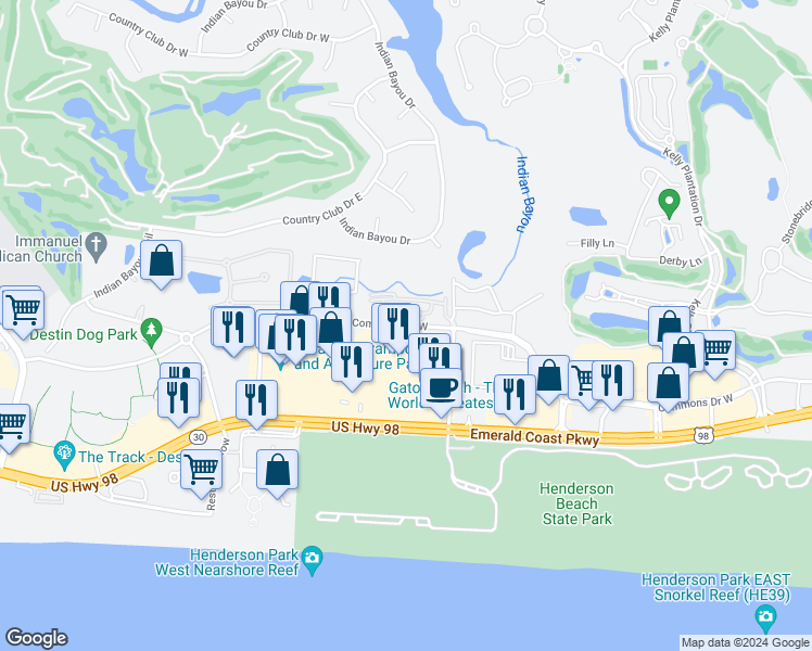 map of restaurants, bars, coffee shops, grocery stores, and more near 4116 Commons Drive West in Destin