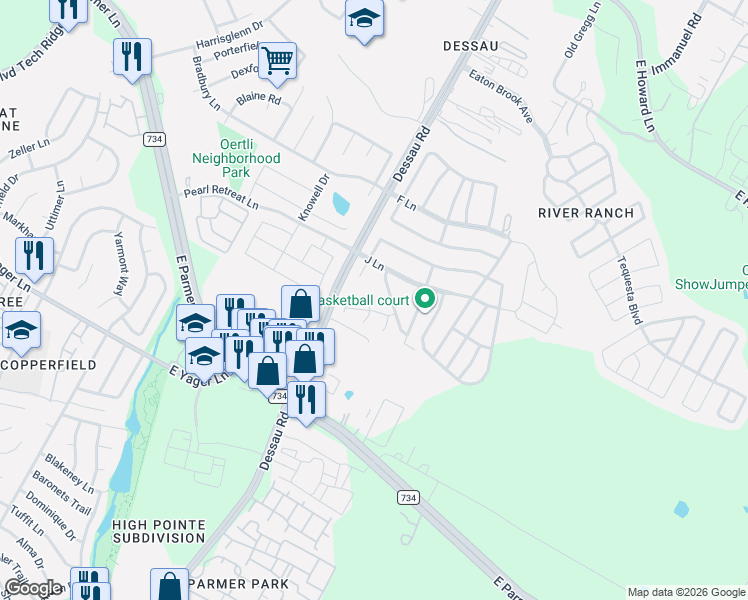 map of restaurants, bars, coffee shops, grocery stores, and more near 12345-12349 Dessau Road in Austin